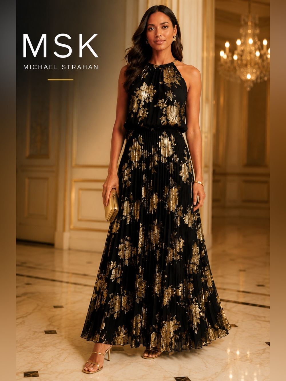 MSK Metallic Gold Foil Pleated Blouson Maxi Gown Black Halter 14 Gilded C8